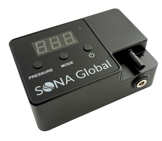 The VATARA suction pump, a compact black battery-powered device with pressure and mode controls and a digital display, labeled SONA Global.
